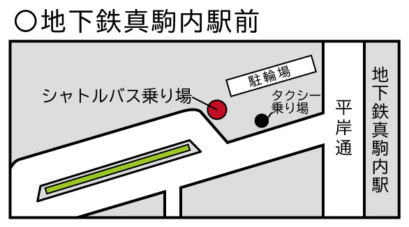 地下鉄真駒内駅前の地図 地下鉄真駒内駅から平岸通を渡り、タクシー乗り場・駐輪場の奥にシャトルバス乗り場がある
