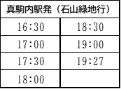 真駒内駅発(石山緑地行) 16:30, 17:00, 17:30, 18:00, 18:30, 19:00, 19:27